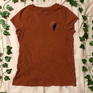 Burnt Orange Short Sleeve T-shirt, Celestial Hand with Plant Accent Design